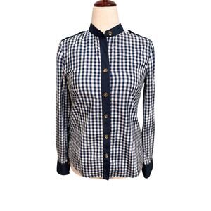 Tory Burch blouse navy blue white gingham long sleeve logo buttons epaulettes  6